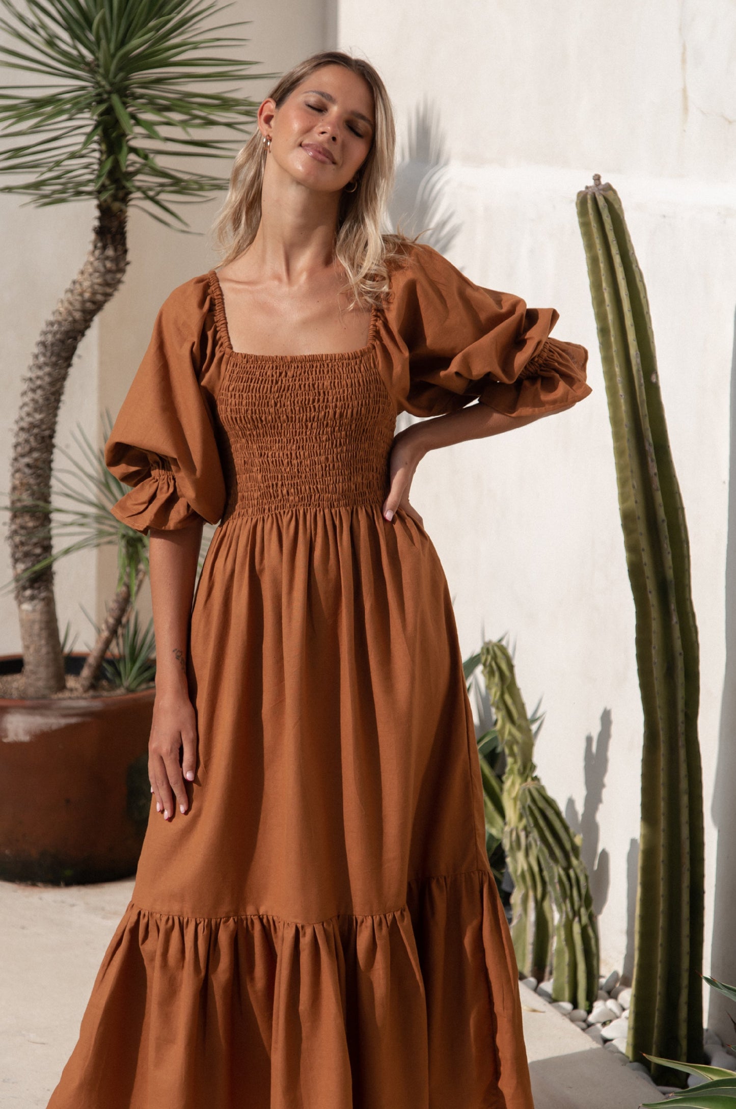 Amara Smocked Midi Linen Dress