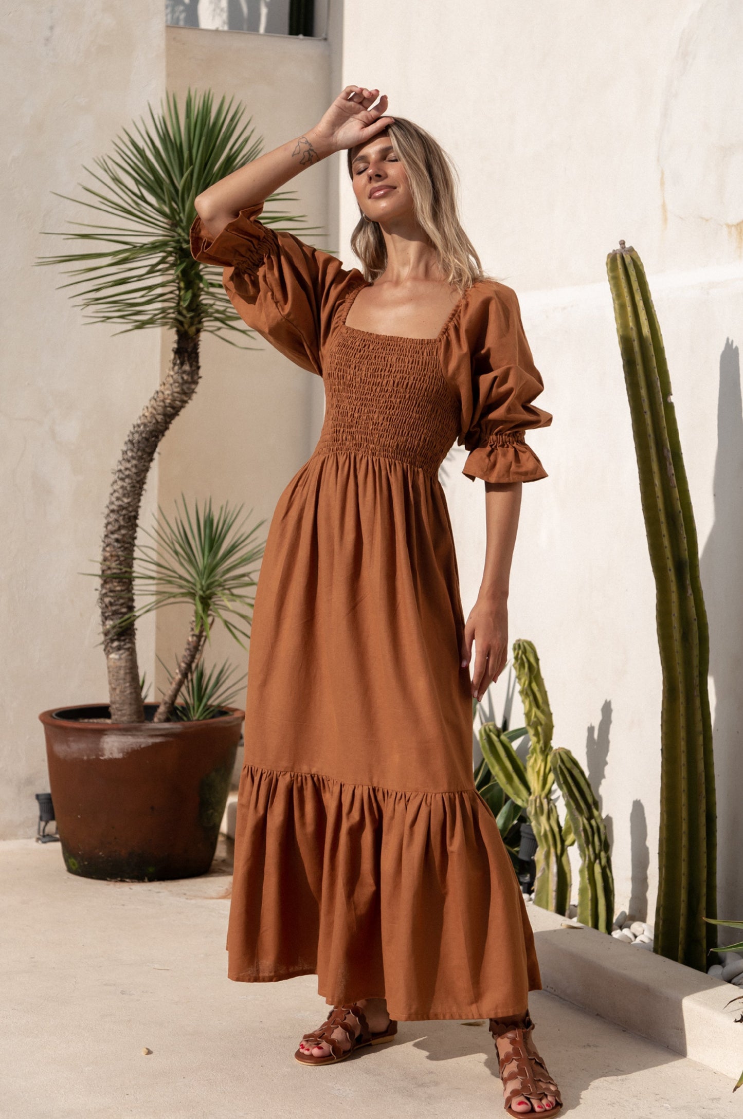Amara Smocked Midi Linen Dress