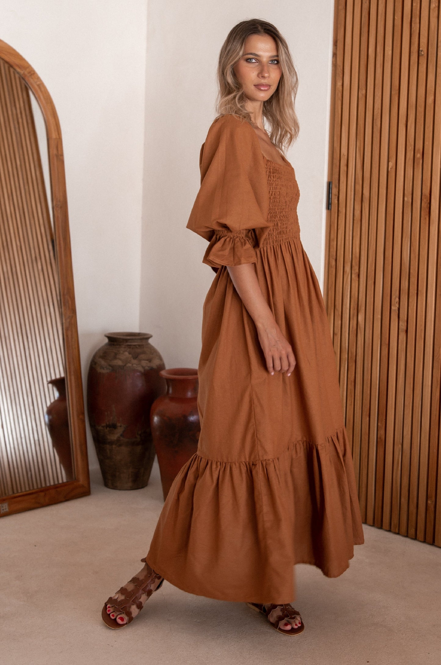 Amara Smocked Midi Linen Dress