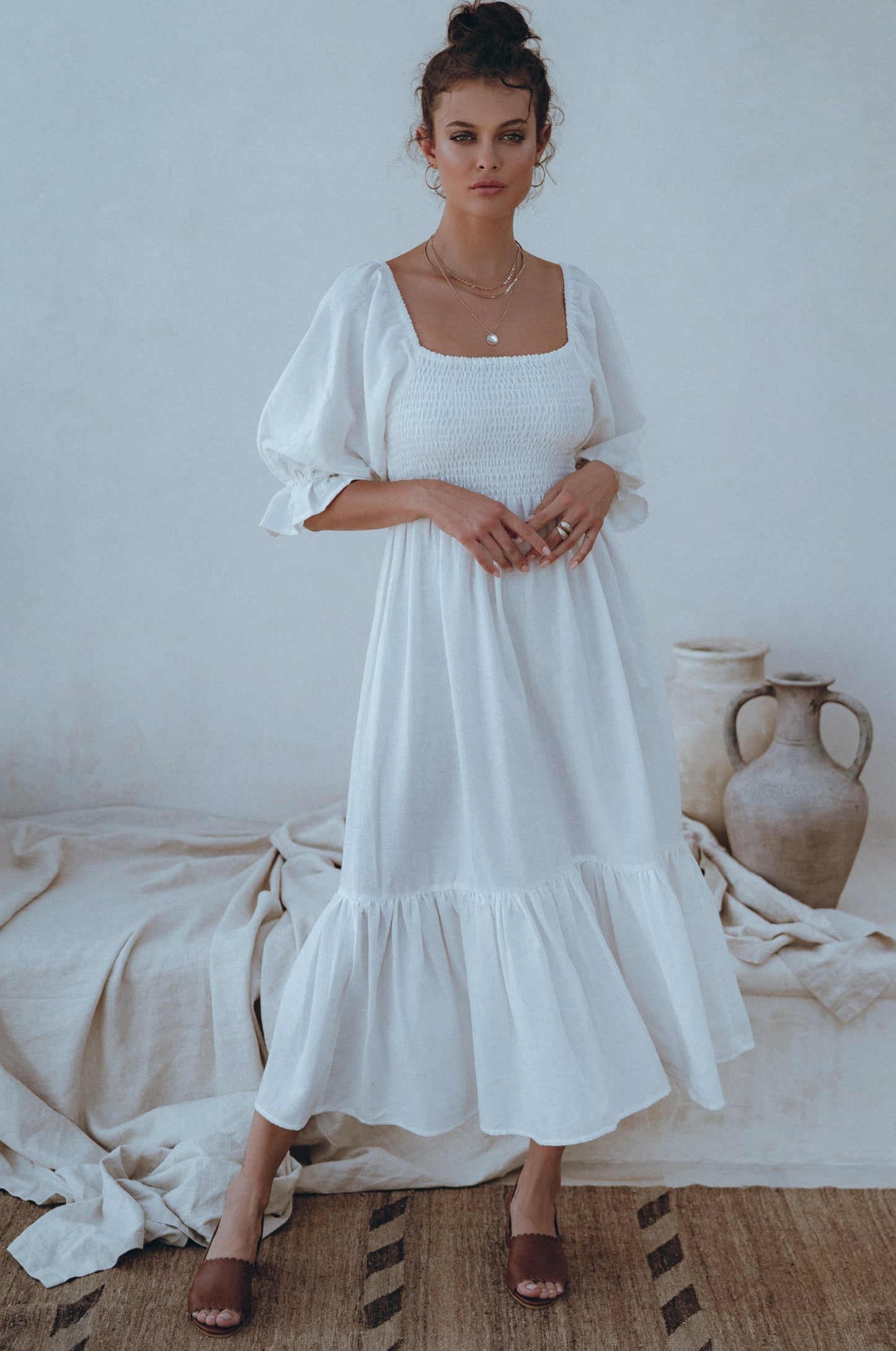 Amara Smocked Midi Linen Dress
