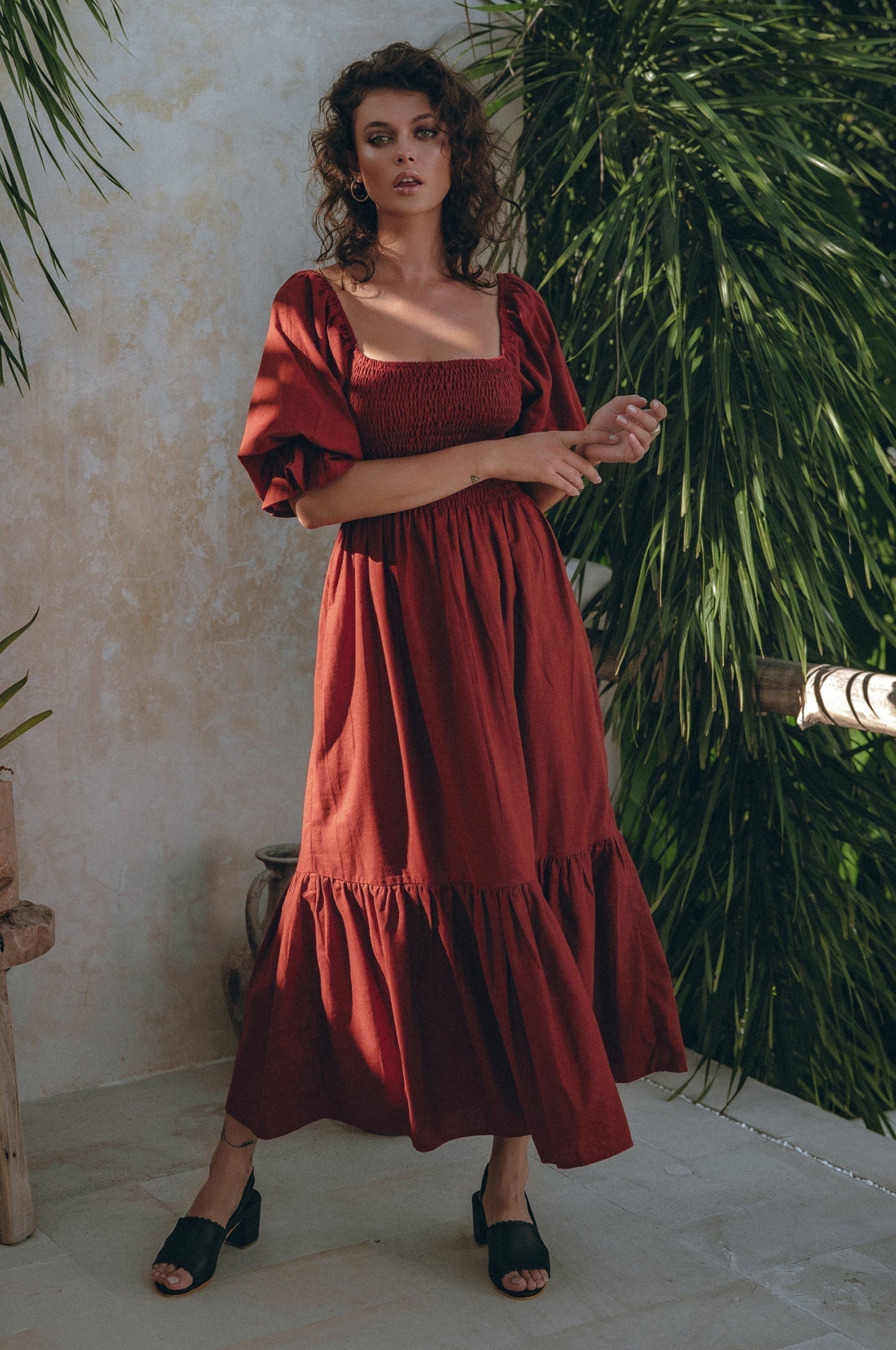 Amara Smocked Midi Linen Dress