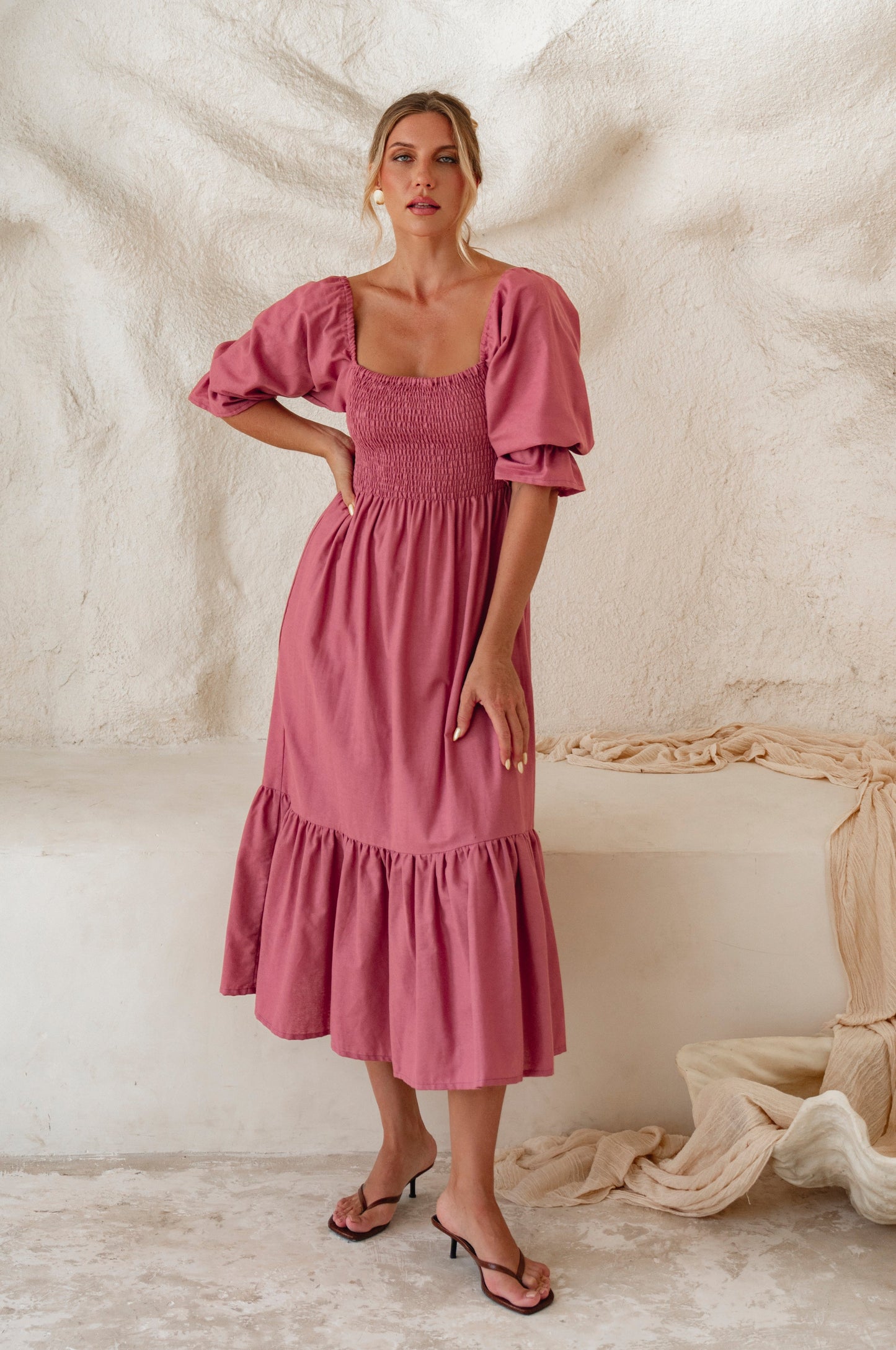 Amara Smocked Midi Linen Dress