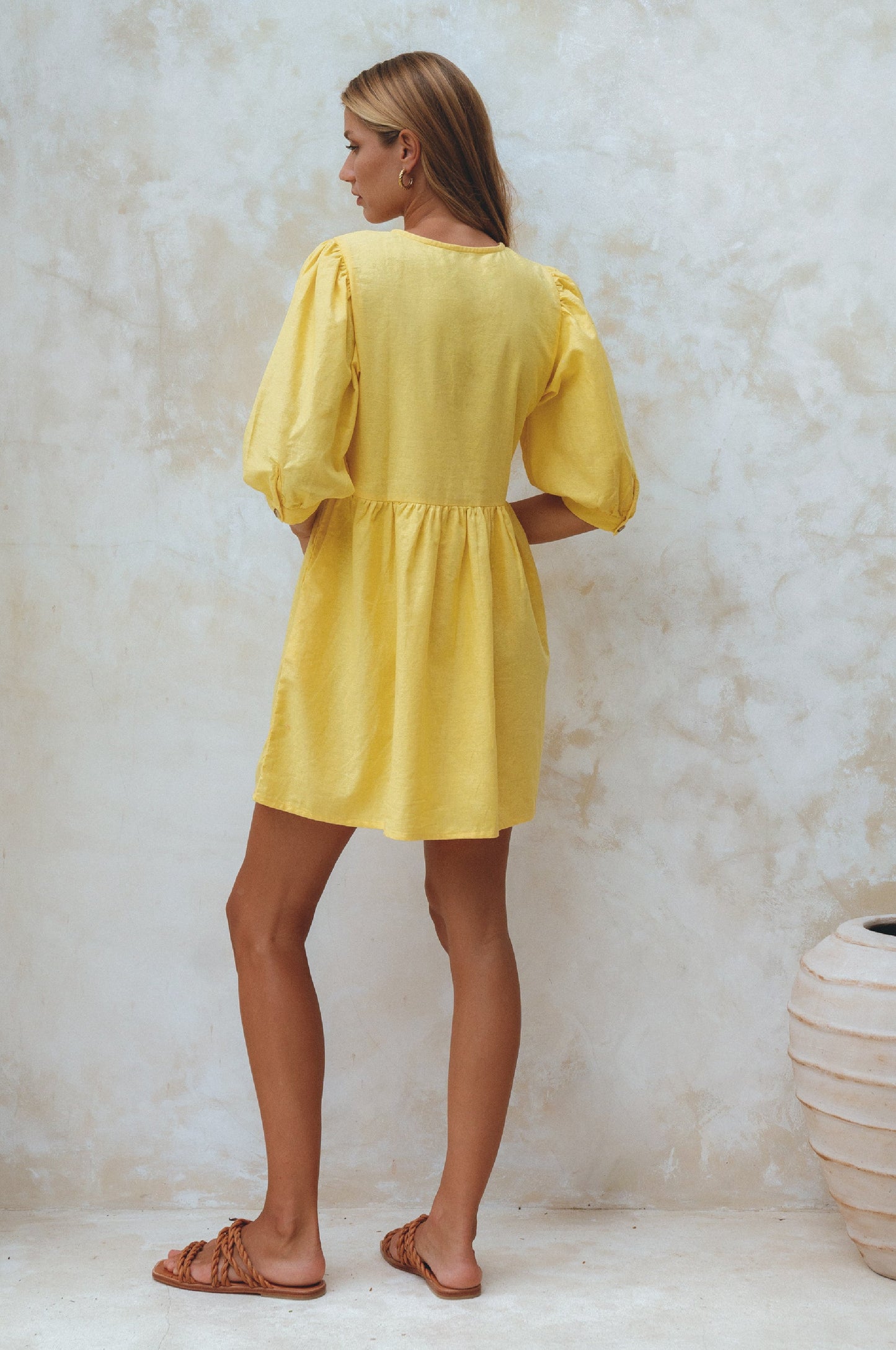Fleurette Puff Sleeve Linen Mini Dress