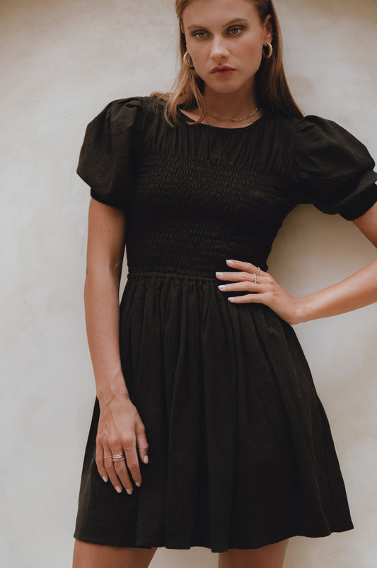 Elaisa Smocked Linen Mini Dress