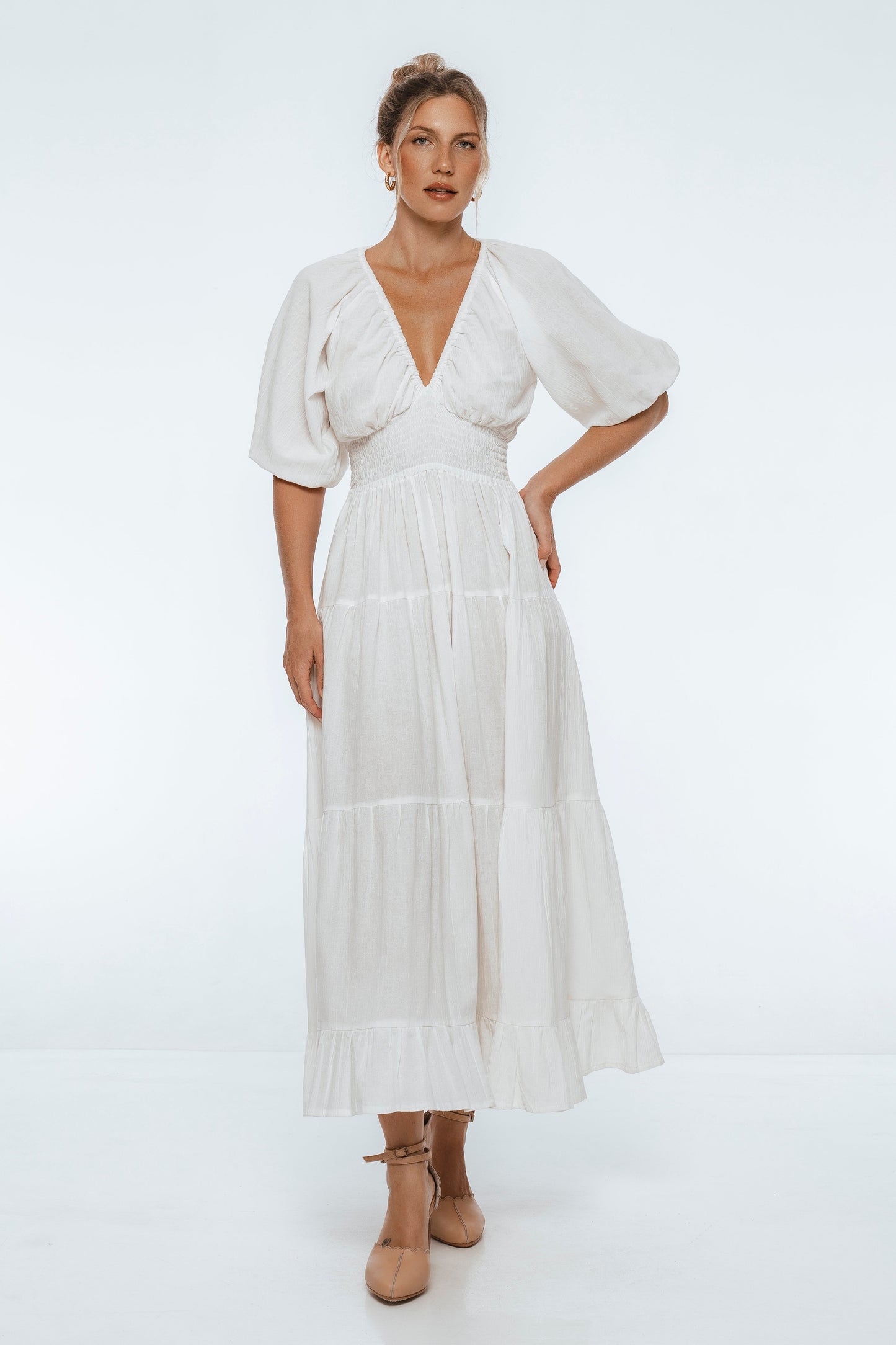 Drusilla Smocked Linen Maxi Dress