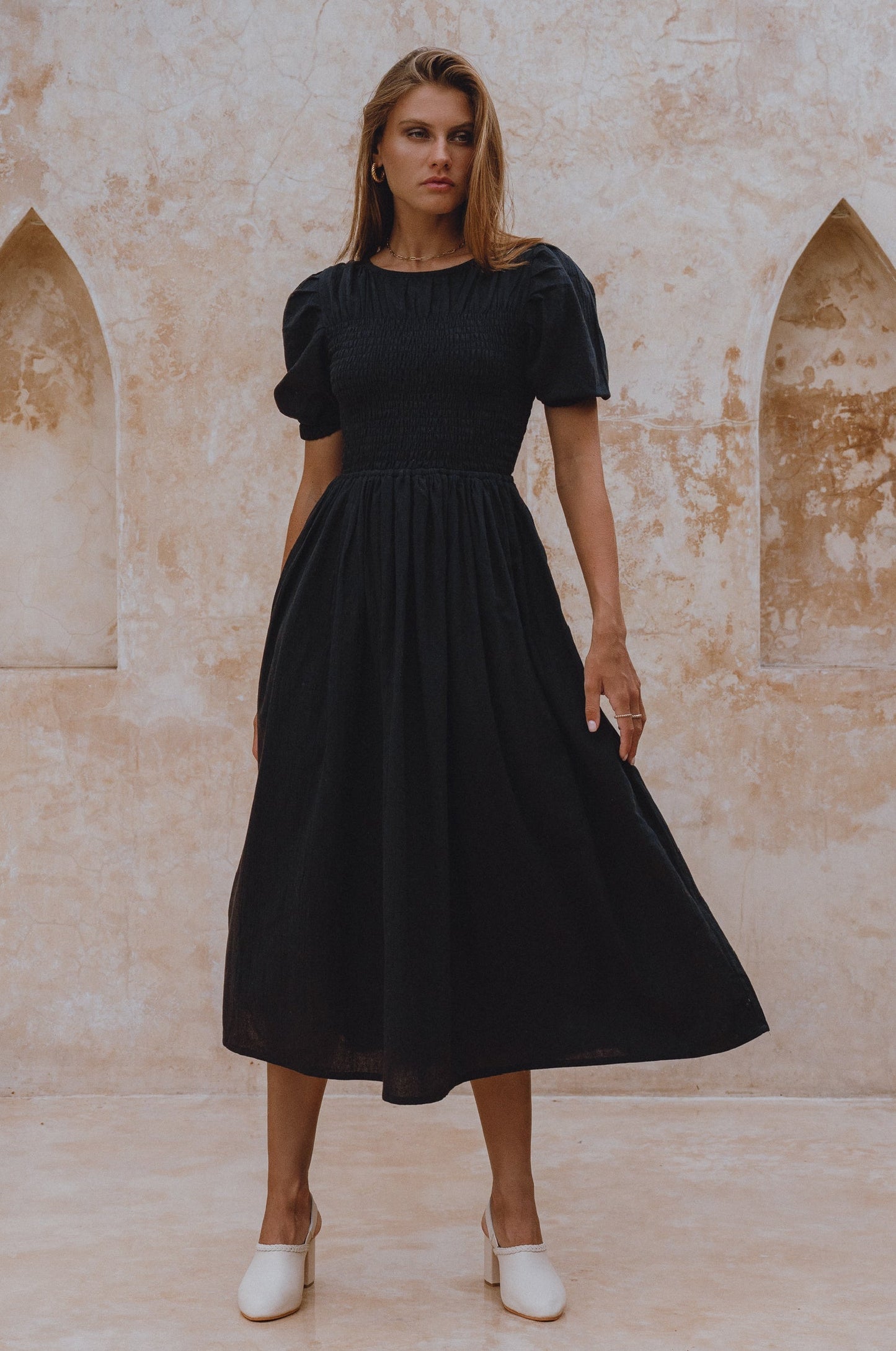 Sia Smocked Linen Midi Dress