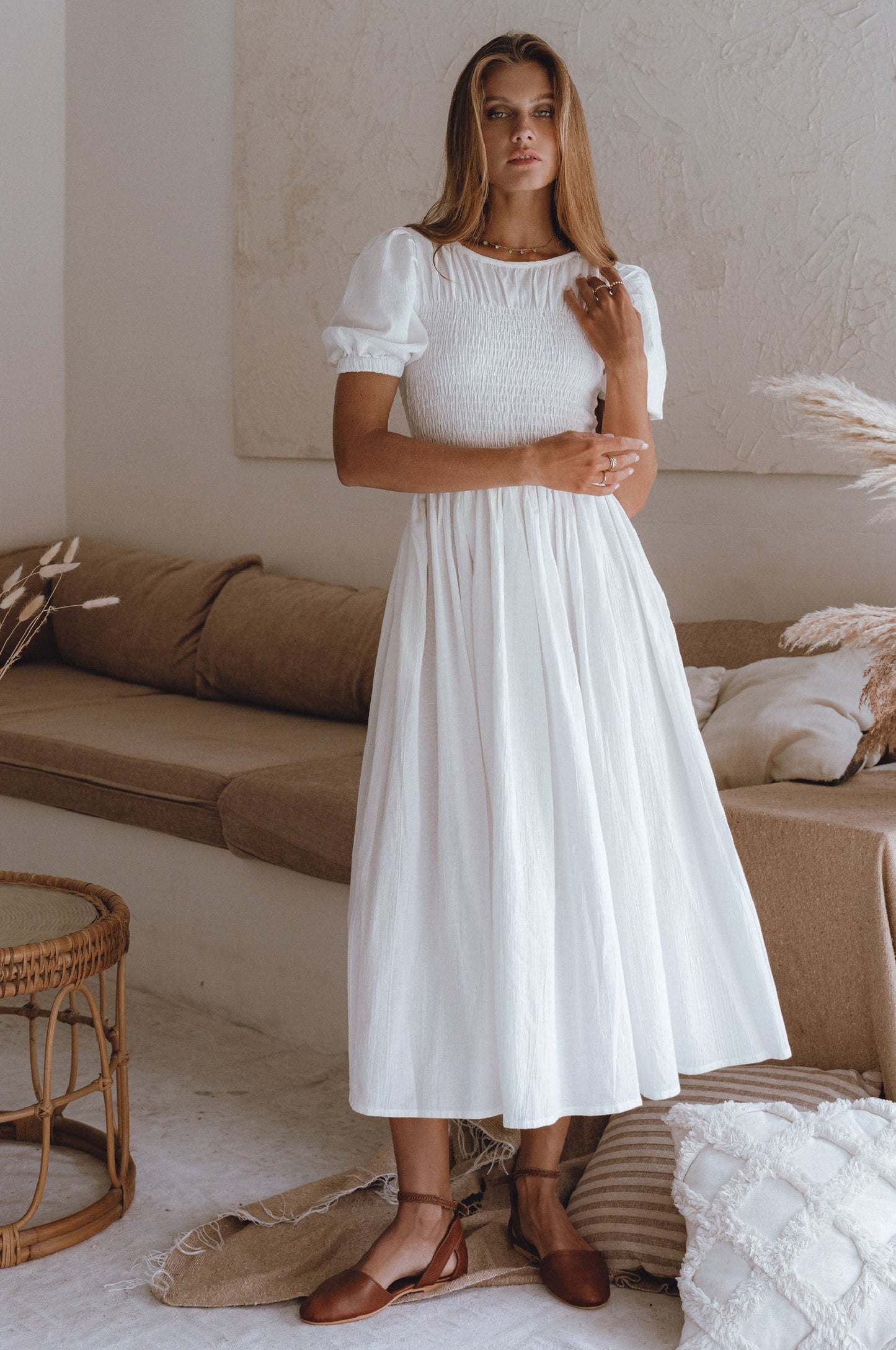 Sia Smocked Linen Midi Dress